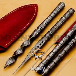 Handmade Damascus Steel Blade Hunting Tri-Dagger Spiral Knife Spike Lot AN233