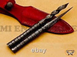 Handmade Damascus Steel Blade Hunting Tri-Dagger Spiral Knife Spike Lot AN235