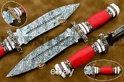 Handmade Damascus Steel Dagger Hunting Knife Red Coral Gemstone Stone AN 85