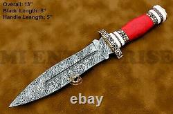 Handmade Damascus Steel Dagger Hunting Knife Red Coral Gemstone Stone AN 85