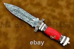 Handmade Damascus Steel Dagger Hunting Knife Red Coral Gemstone Stone AN 85