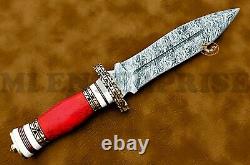 Handmade Damascus Steel Dagger Hunting Knife Red Coral Gemstone Stone AN 85
