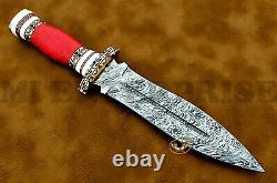 Handmade Damascus Steel Dagger Hunting Knife Red Coral Gemstone Stone AN 85