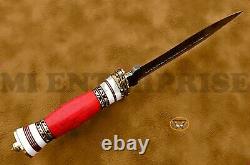 Handmade Damascus Steel Dagger Hunting Knife Red Coral Gemstone Stone AN 85