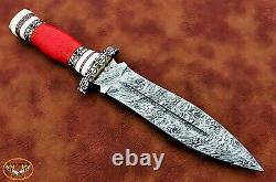 Handmade Damascus Steel Dagger Hunting Knife Red Coral Gemstone Stone Handle