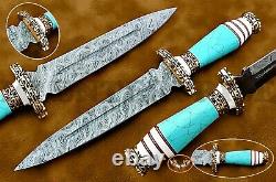 Handmade Damascus Steel Dagger Hunting Knife Turquoises Gemstone Brass Handle