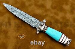 Handmade Damascus Steel Dagger Hunting Knife Turquoises Gemstone Brass Handle