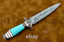 Handmade Damascus Steel Dagger Hunting Knife Turquoises Gemstone Brass Handle