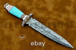 Handmade Damascus Steel Dagger Hunting Knife Turquoises Gemstone Brass Handle