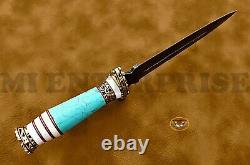 Handmade Damascus Steel Dagger Hunting Knife Turquoises Gemstone Brass Handle