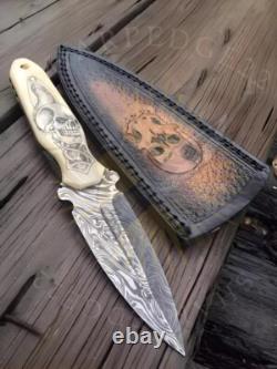 Handmade Damascus Steel Dagger Knife Custom Skull Handle & Leather Sheath