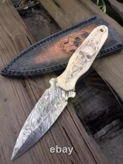 Handmade Damascus Steel Dagger Knife Custom Skull Handle & Leather Sheath