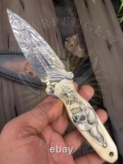 Handmade Damascus Steel Dagger Knife Custom Skull Handle & Leather Sheath