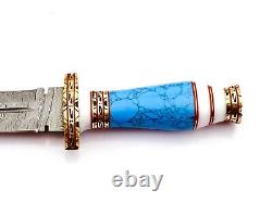 Handmade Damascus Steel Dagger Knife Turquoise Stone & Brass Handle & Leather