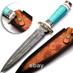 Handmade Damascus Steel Dagger knife With Turquoise Stone Handle Best For Gift