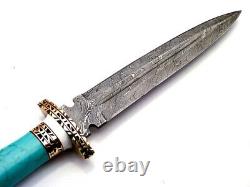 Handmade Damascus Steel Dagger knife With Turquoise Stone Handle Best For Gift