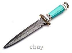 Handmade Damascus Steel Dagger knife With Turquoise Stone Handle Best For Gift