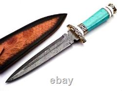 Handmade Damascus Steel Dagger knife With Turquoise Stone Handle Best For Gift