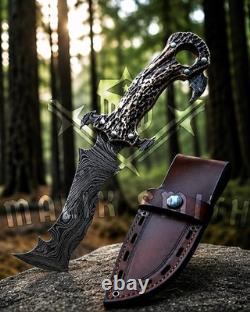 Handmade Damascus Steel Fantasy Dagger, Stag Horn Handle, Ring Grip, Sheath