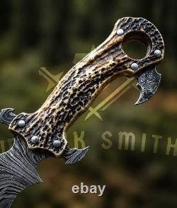 Handmade Damascus Steel Fantasy Dagger, Stag Horn Handle, Ring Grip, Sheath
