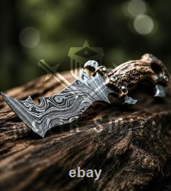Handmade Damascus Steel Fantasy Dagger, Stag Horn Handle, Ring Grip, Sheath