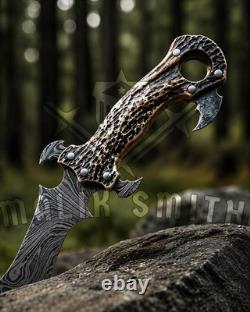 Handmade Damascus Steel Fantasy Dagger, Stag Horn Handle, Ring Grip, Sheath