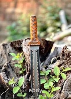 Handmade SSB Copper Damascus Viking Dagger Knife Fixed Blade With Leather Sheath