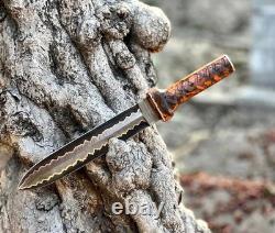Handmade SSB Copper Damascus Viking Dagger Knife Fixed Blade With Leather Sheath