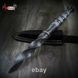 Handmade Twisted Dagger Damascus Steel Knife With Leather Sheath Mktraders