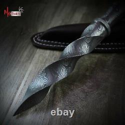 Handmade Twisted Dagger Damascus Steel Knife With Leather Sheath Mktraders