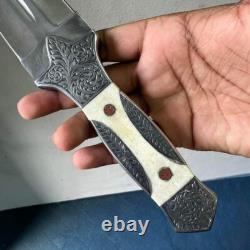 Handmade stainless steel dagger knife with engraved handle With leather sheath