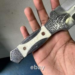 Handmade stainless steel dagger knife with engraved handle With leather sheath