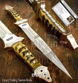 Impact Cutlery Rare Custom D2 Full Tang Art Dagger Knife Engraved Bolsters