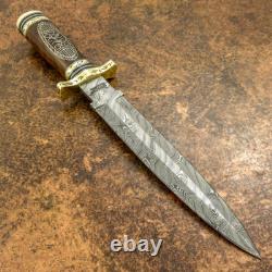 Impact Cutlery Rare Custom Damascus Dagger Knife Brass Inlayed Burl Wood Handle