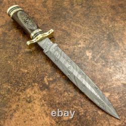 Impact Cutlery Rare Custom Damascus Dagger Knife Brass Inlayed Burl Wood Handle