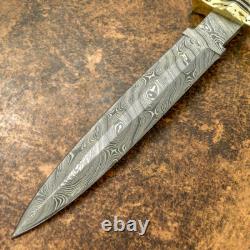 Impact Cutlery Rare Custom Damascus Dagger Knife Brass Inlayed Burl Wood Handle