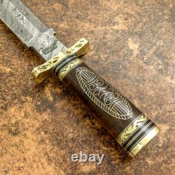 Impact Cutlery Rare Custom Damascus Dagger Knife Brass Inlayed Burl Wood Handle