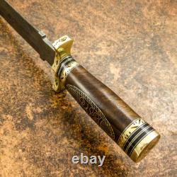 Impact Cutlery Rare Custom Damascus Dagger Knife Brass Inlayed Burl Wood Handle