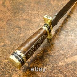 Impact Cutlery Rare Custom Damascus Dagger Knife Brass Inlayed Burl Wood Handle