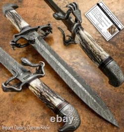 Impact Cutlery Rare Custom Damascus Dagger Knife Stag Antler Hawk and Snake