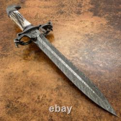 Impact Cutlery Rare Custom Damascus Dagger Knife Stag Antler Hawk and Snake