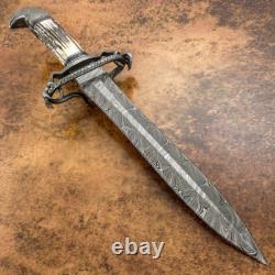 Impact Cutlery Rare Custom Damascus Dagger Knife Stag Antler Hawk and Snake