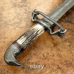 Impact Cutlery Rare Custom Damascus Dagger Knife Stag Antler Hawk and Snake