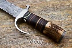 Kukri -Custom Handmade Damascus Steel Kukri Knife & Sheath Stag Horn Handle