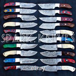 LOT OF 20 SPARK CUSTOM HANDMADE DAMASCUS STEEL HUNTING SKINNER KNIVES WithPOUCH