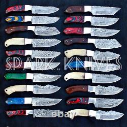 LOT OF 20 SPARK CUSTOM HANDMADE DAMASCUS STEEL HUNTING SKINNER KNIVES WithPOUCH