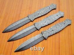 Lot Of 3 9 Handmade Damascus Steel Tactical Hunting Dagger Knife Blank Blade
