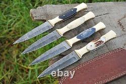 Lot Of 4 Hand Forged Damascus Steel Dagger Throwing Knife & Horn Handle Ah