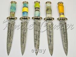 Lot Of 5 Custom Hand Made Damascus Steel Hunting Dagger Knife Handle Camel Bone