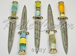 Lot Of 5 Custom Hand Made Damascus Steel Hunting Dagger Knife Handle Camel Bone
